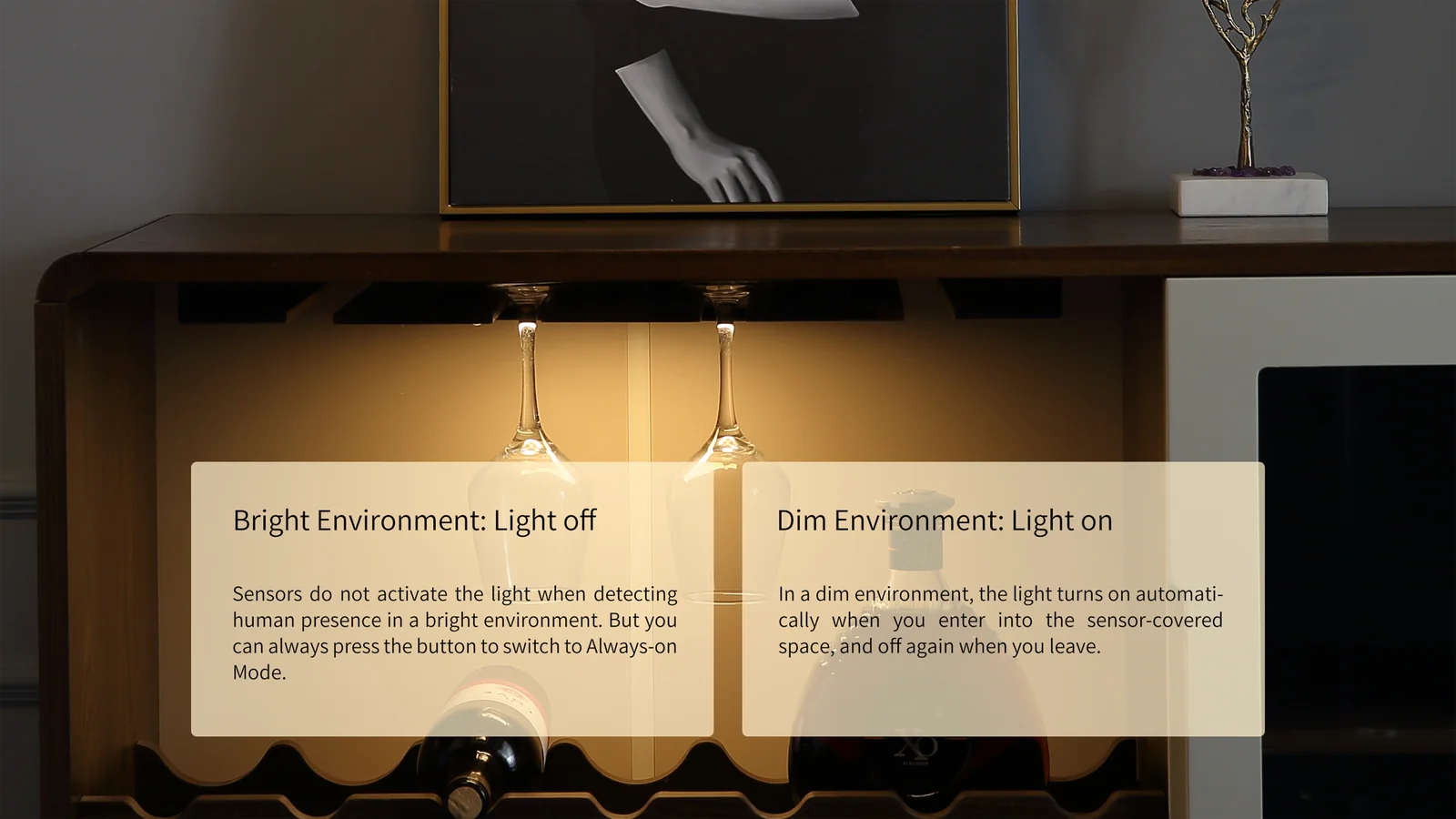 Yeelight Carman Closet Sensor Light feature panel showing automatic motion sensor activation