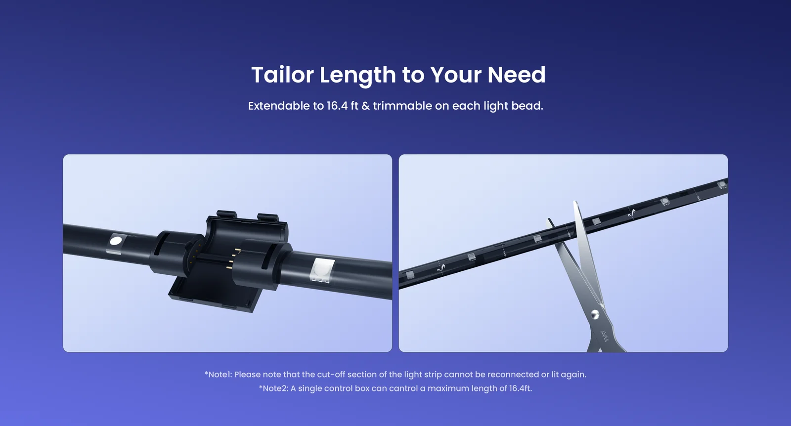Yeelight Chameleon Lightstrip 2 feature panel showing cuttable extendable length design