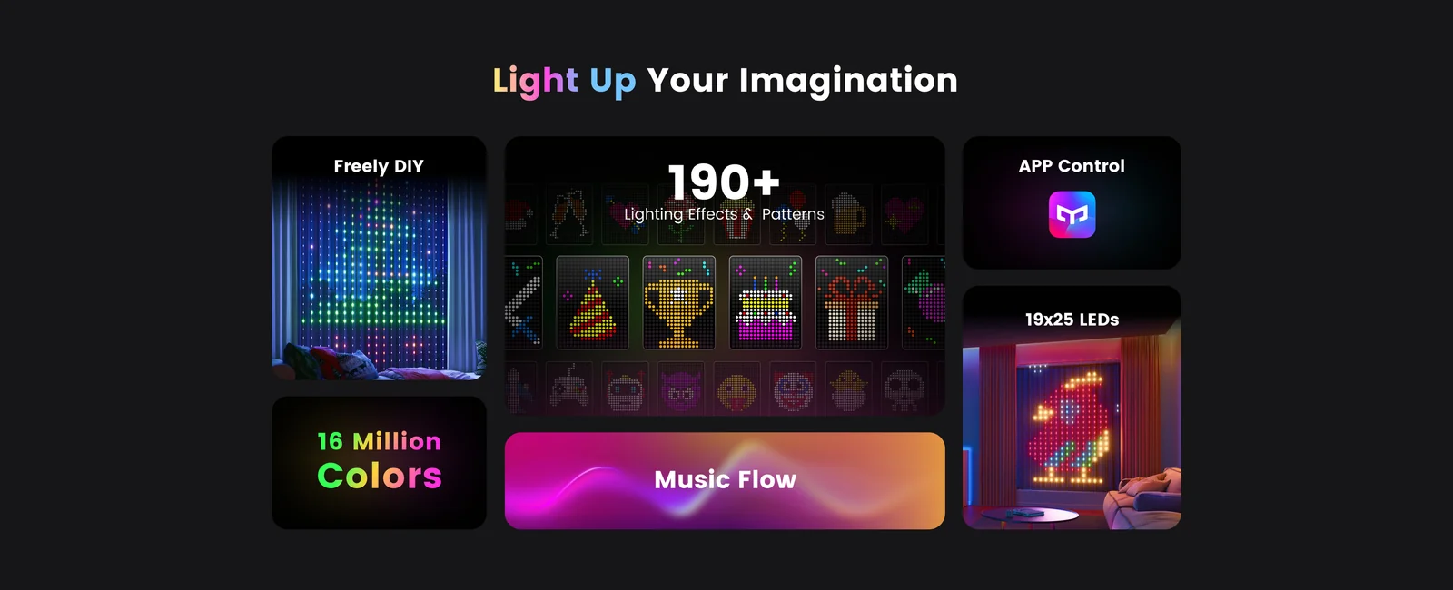 Yeelight Curtain Lights feature panel showing color modes and effects
