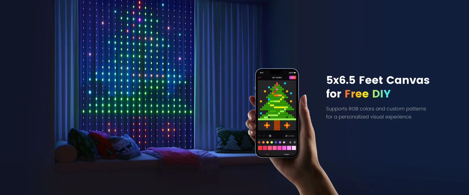 Yeelight Curtain Lights feature panel showing app and remote control