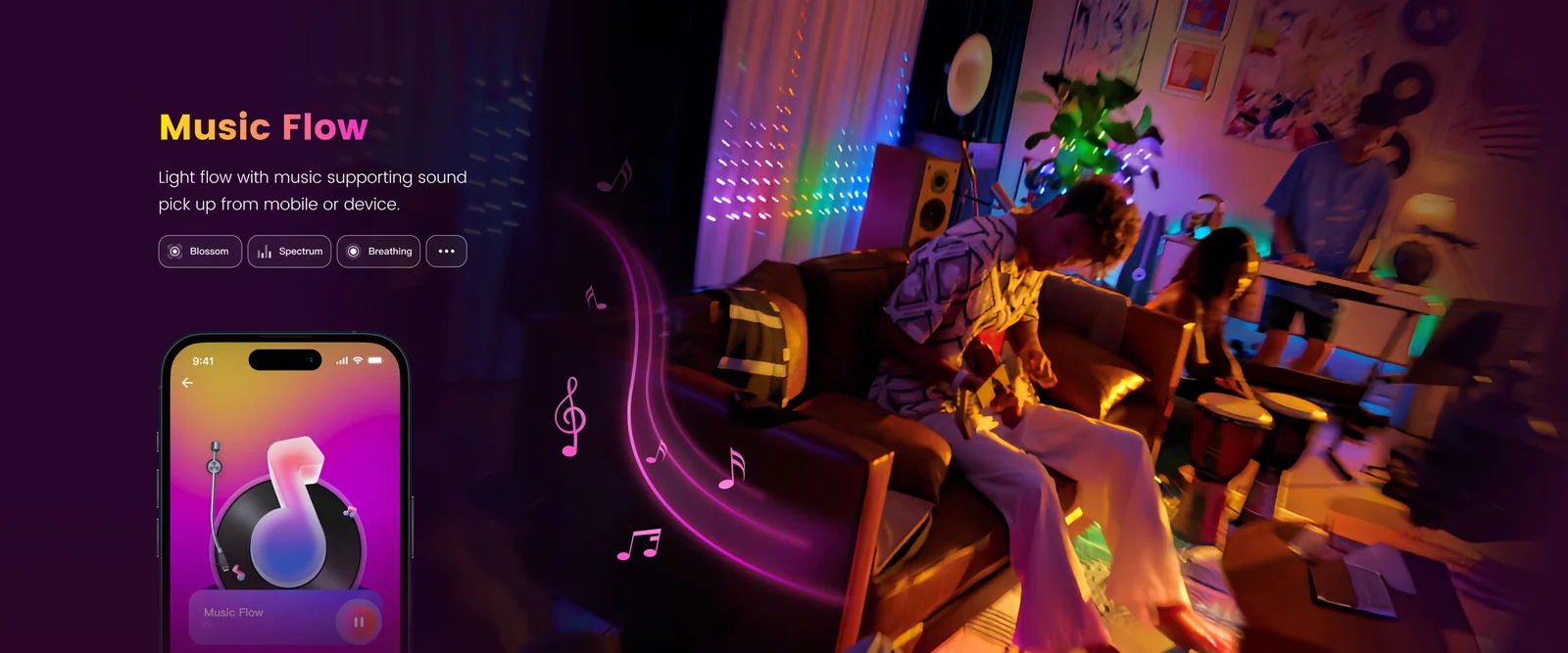 Yeelight Curtain Lights feature panel showing music and timer modes