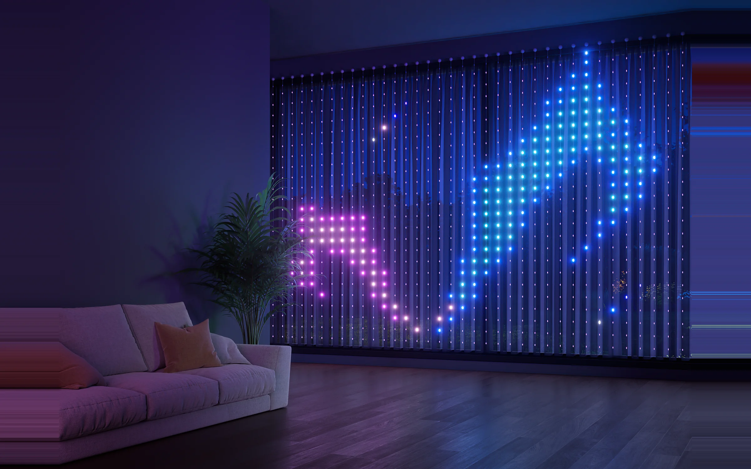 Yeelight Curtain Lights illuminated drape installed in living room scene