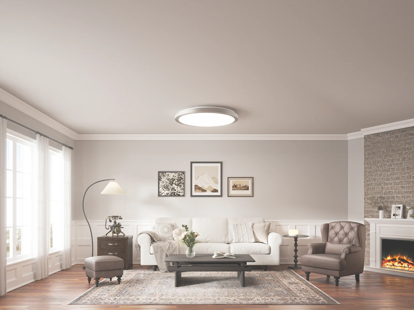 Yeelight Jupiter D RGB Ceiling Lamp showing white light living room scene