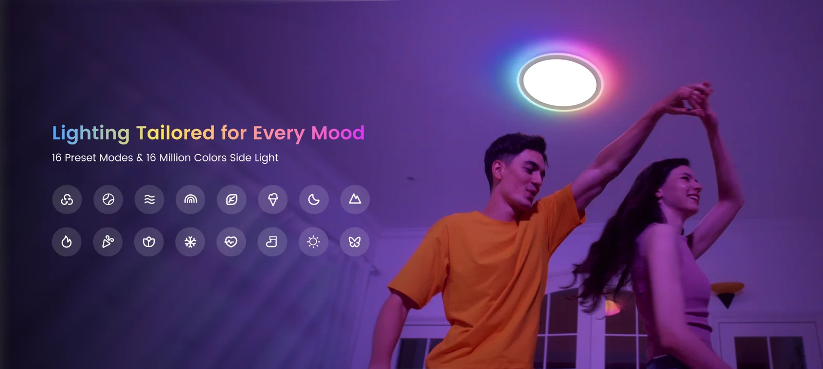 Yeelight Mars RGB Ceiling Lamp feature panel showing color modes overview