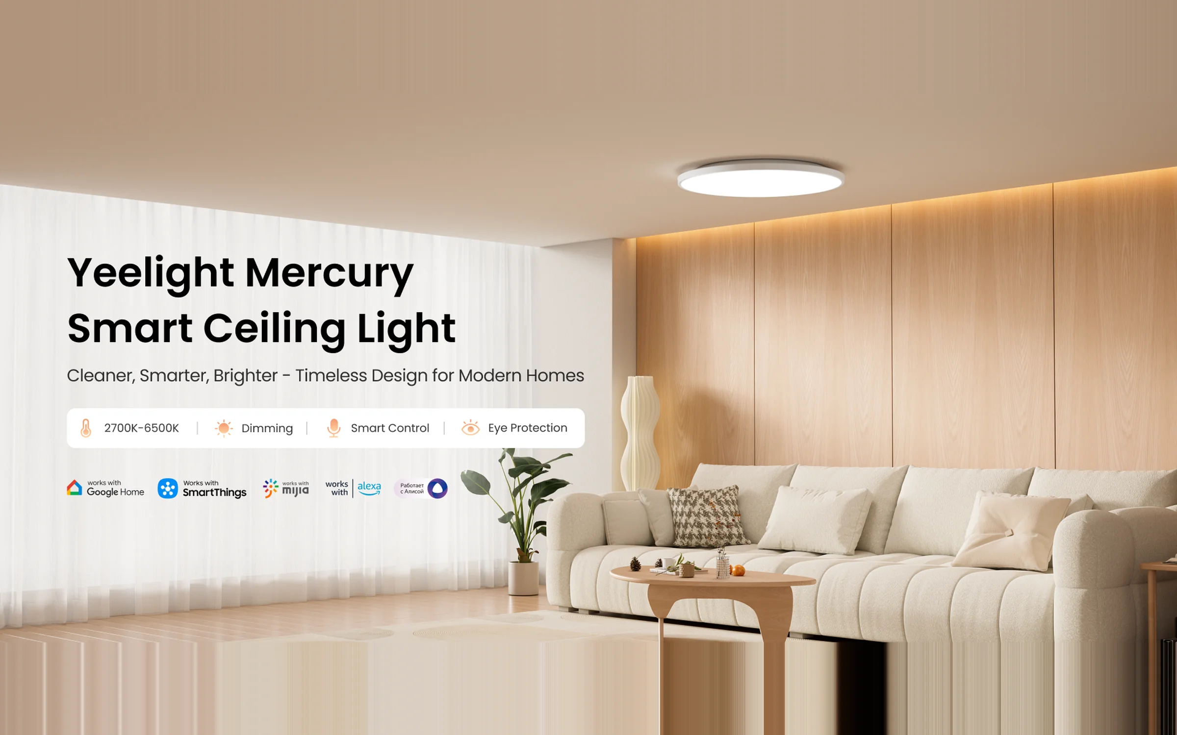 Yeelight Mercury Ceiling Lamp hero banner mounted in modern bedroom interior